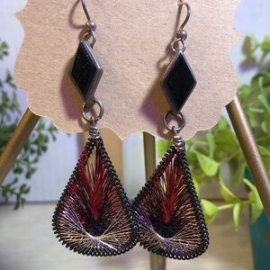Peruvian Thread Art Earrings Black, Silver and Red